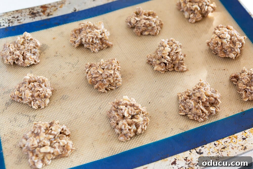 Wholesome Vegan Banana Oat Delights 3 Spoonfuls of banana oatmeal cookie batter neatly arranged on a parchment-lined baking sheet, ready for the oven.
