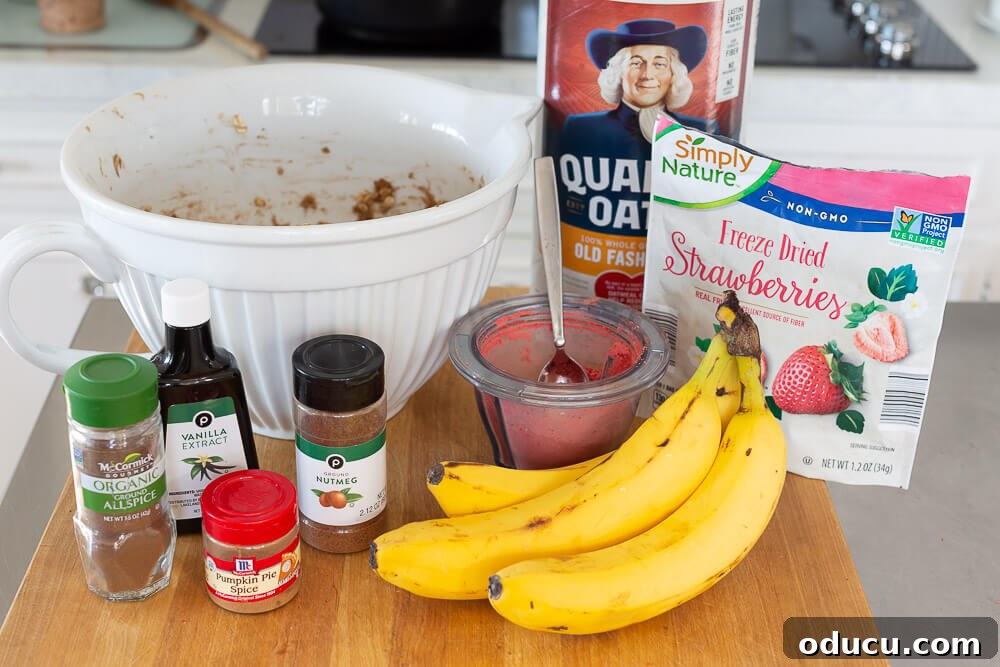Wholesome Vegan Banana Oat Delights 5 Various ingredients for making crispy plant-based banana oatmeal cookies, including bananas, oats, and spices.