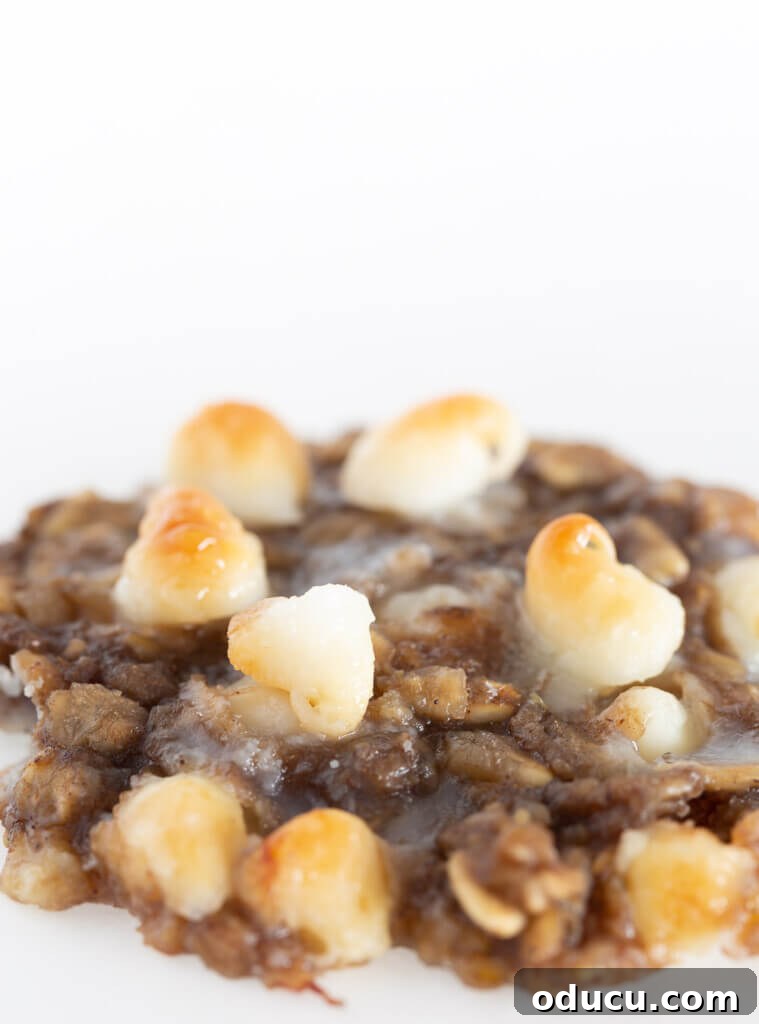 Wholesome Vegan Banana Oat Delights 8 Close-up of a plant-based oatmeal banana cookie speckled with white chocolate chips, showcasing its appealing texture.