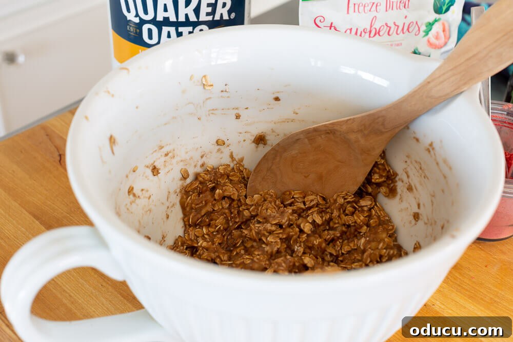 Wholesome Vegan Banana Oat Delights 9 A bowl of 3-ingredient banana oatmeal cookie batter being stirred vigorously with a spoon, highlighting the simple mixing process.