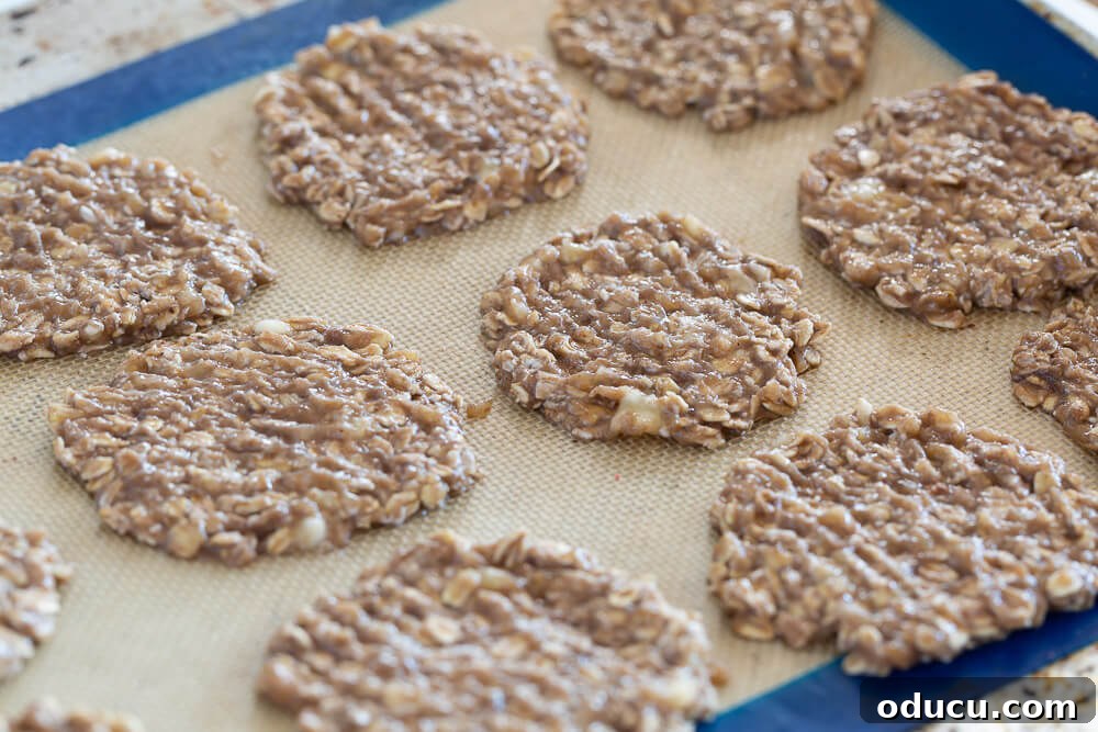 Wholesome Vegan Banana Oat Delights 10 Flattened banana oatmeal cookies neatly arranged on a baking sheet, showing the perfect preparation before baking.
