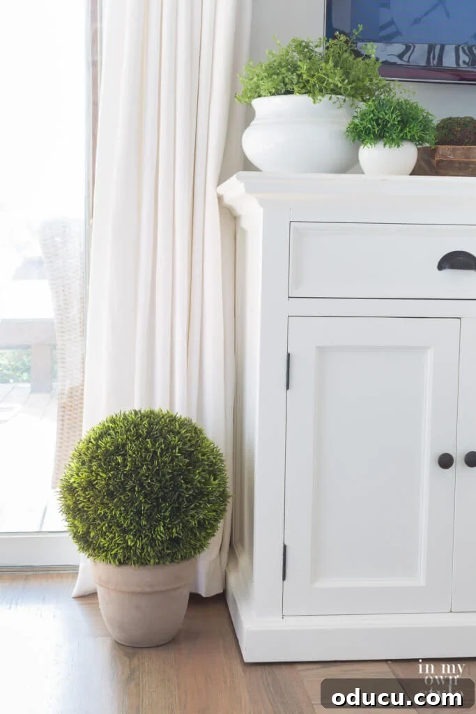 The Evolution of My Living Room Style 23 Green moss globe on floor in whitewashed terracotta pot.