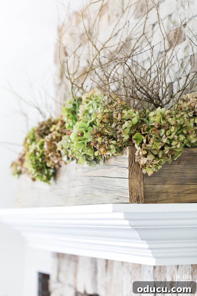 The Evolution of My Living Room Style 30 Long reclaimed wood planter with dried hydrangeas on white mantel.