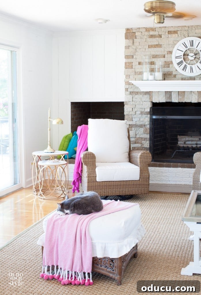 The Evolution of My Living Room Style 9 How to install vertical wood plan paneling over a brick wall.