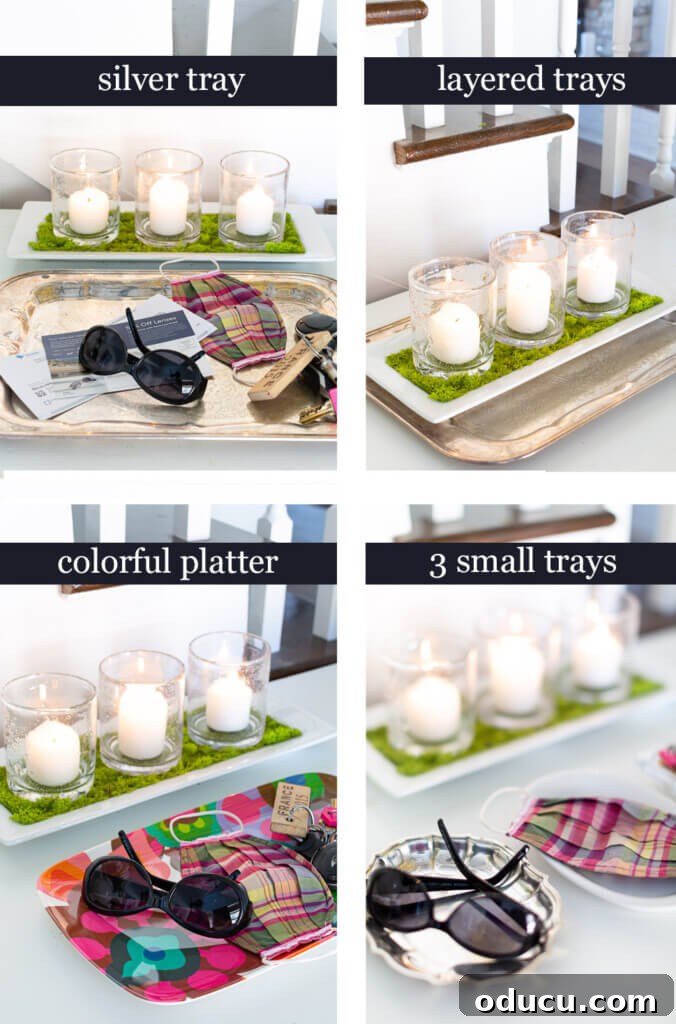 Blossom Your Entryway This Spring 8 Four different ways to use trays on an entryway table for organization and decor.