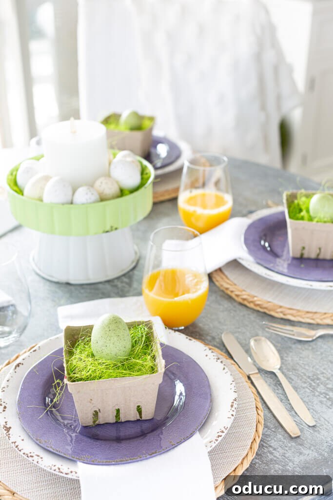 Easter Brunch table decorations. Purple, pale green and white spring color theme..