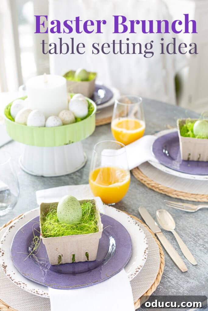 Modern Farmhouse Easter table setting. Creative and colorful ideas that are easy to do. Text overlay says Easter Brunch table setting idea.