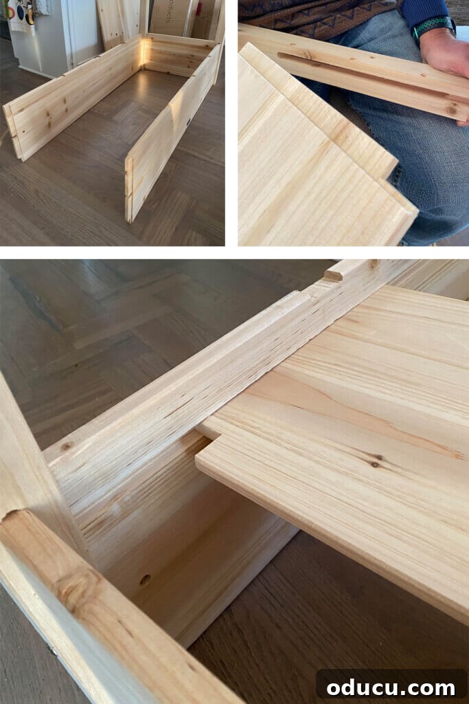 Step-by-step visual guide on how to assemble an elevated wood garden planter, emphasizing ease of construction.