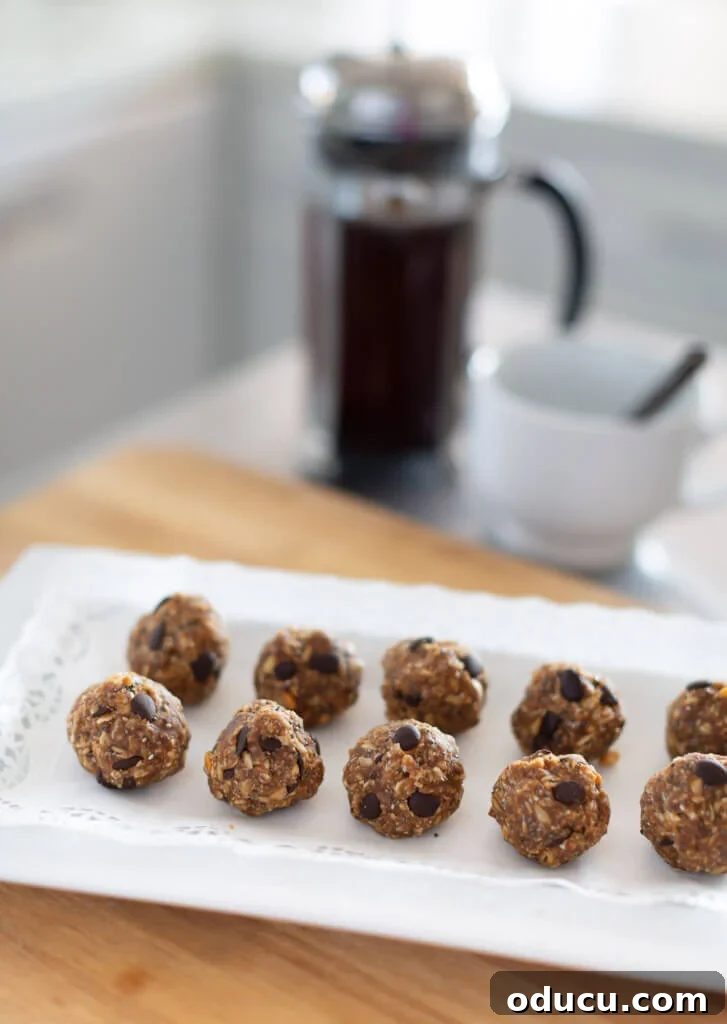 Versatile No-Bake Energy Bites 3 Healthy no-bake protein energy balls on a white serving tray, with a French coffee press blurred in the background, suggesting a perfect snack pairing.