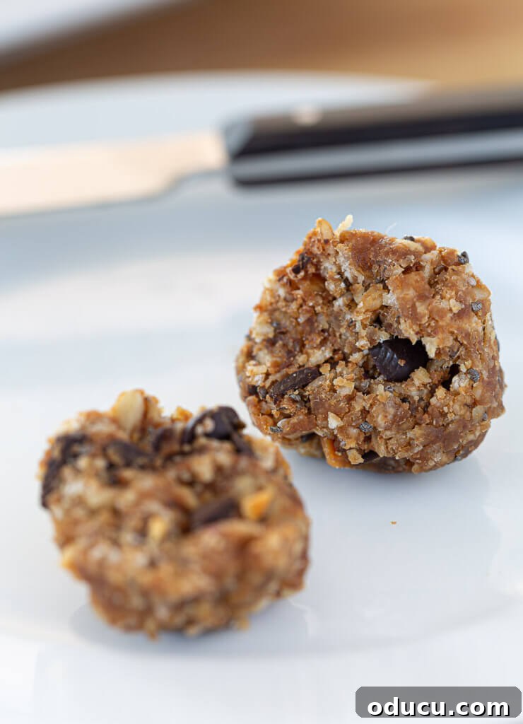 Versatile No-Bake Energy Bites 4 A single no-bake protein ball, carefully cut in half, reveals its rich texture of oats, chocolate chips, and other wholesome ingredients on a white plate.