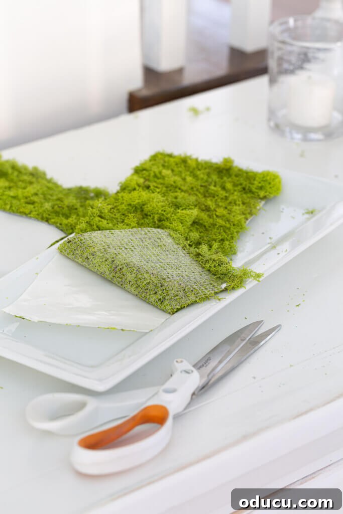Springtime Glow: DIY Candle Tray 5 A person cutting sticky sheet moss with scissors to fit precisely into a decorative tray for a DIY centerpiece.