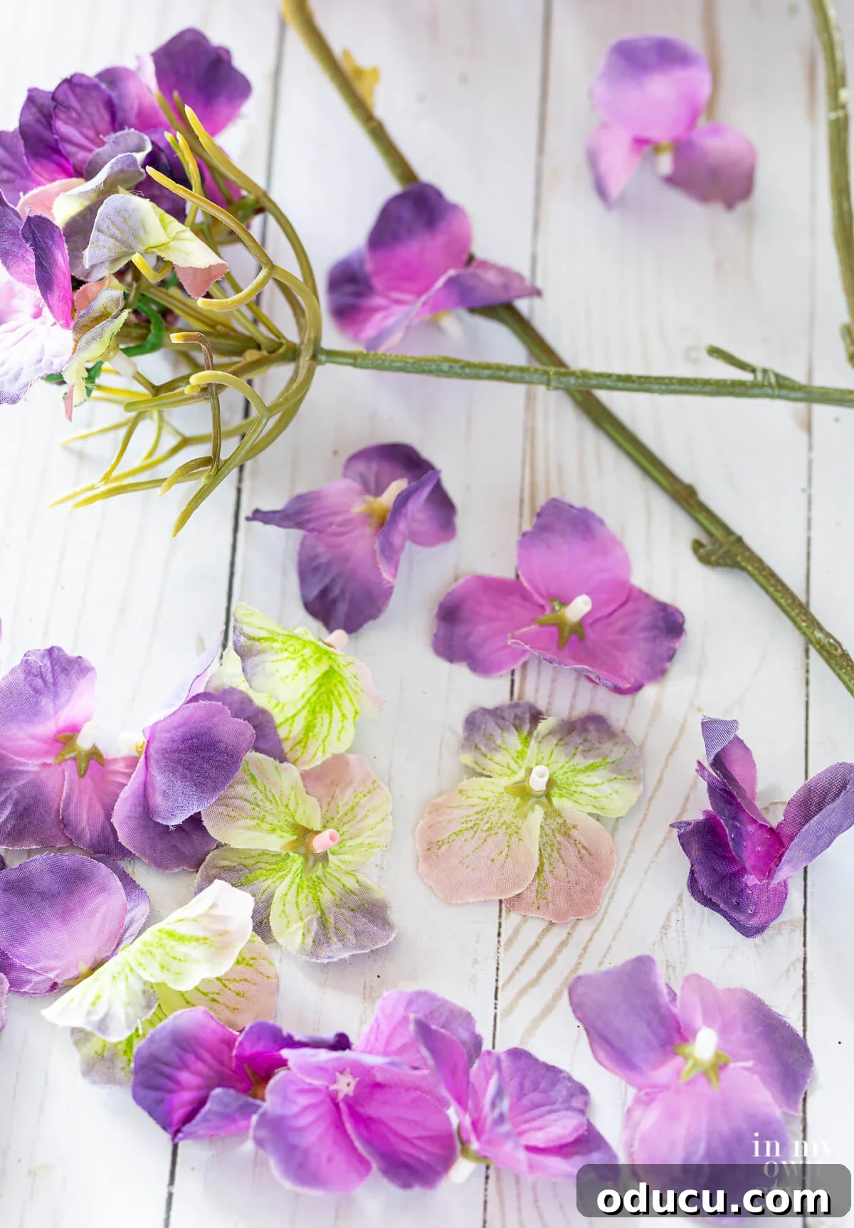 Faux flower petals snipped from the head of faux flower head.