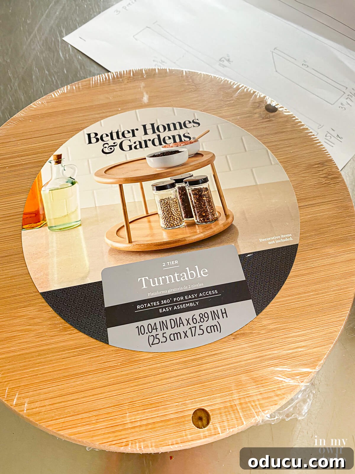Better Homes and Gardens Wood Turntable used to make a spinning open book holder.