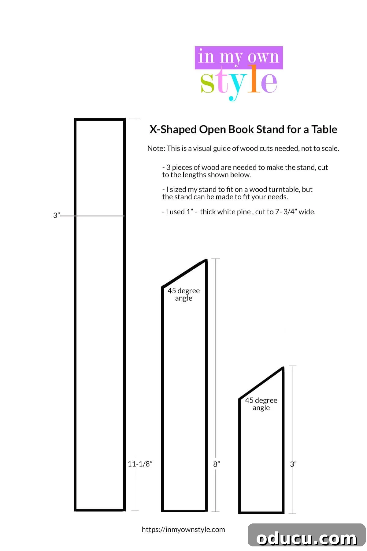 printable pdf of wood cut sizes needed to make x- shaped open book stand.
