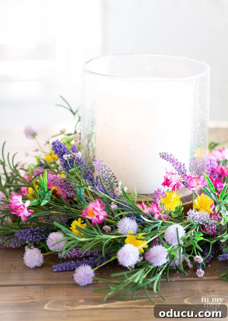 Crafting a Custom Round Wood Kitchen Tabletop 2 Wildflower wreath around a candle to make a table centerpiece.