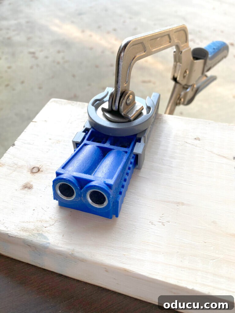 Crafting a Custom Round Wood Kitchen Tabletop 12 Kreg R3 jig clamped on wood.