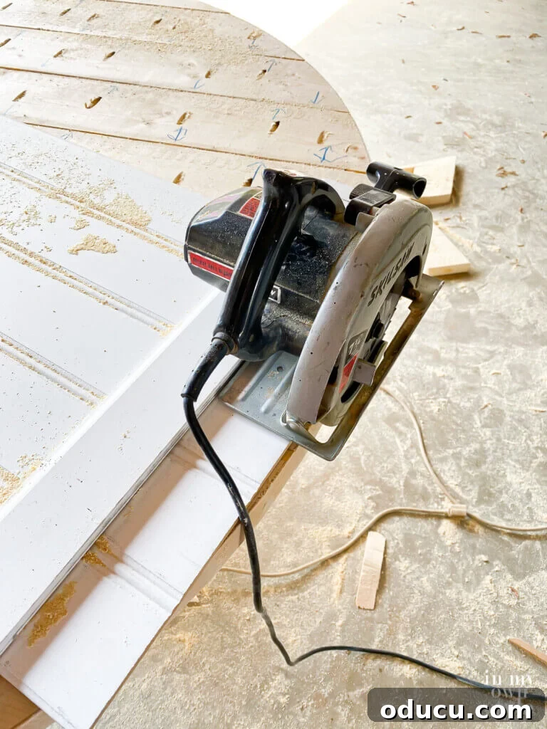 Crafting a Custom Round Wood Kitchen Tabletop 19 DIY wood jig made to cut a round table out of pine boards.