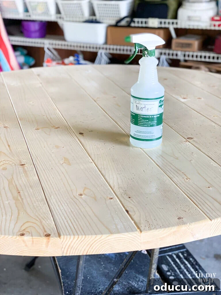 Crafting a Custom Round Wood Kitchen Tabletop 22 spray water on pine boards if using water-based products