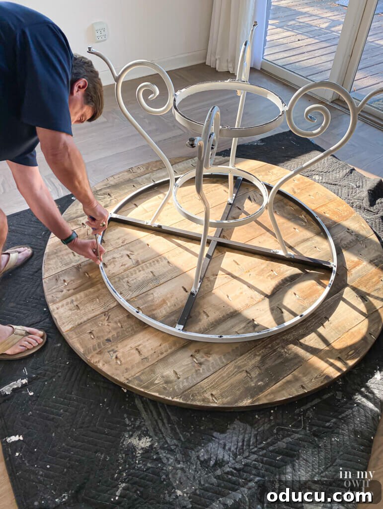 Crafting a Custom Round Wood Kitchen Tabletop 28 how to attach a DIY round wood table to an existing metal table base.