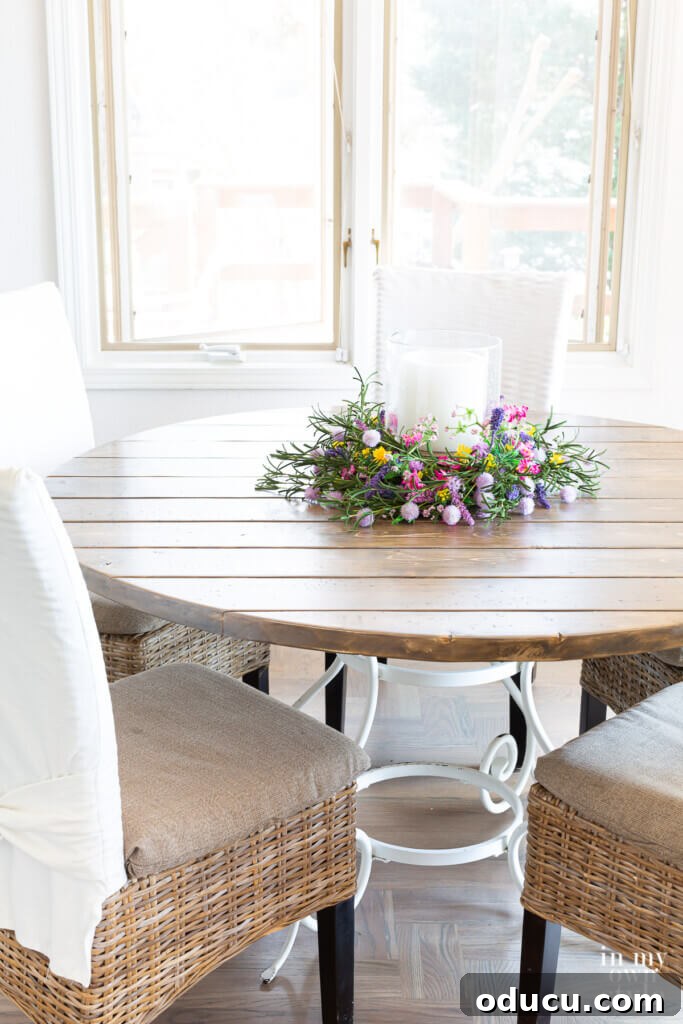Crafting a Custom Round Wood Kitchen Tabletop 4 Completed DIY round wood table made using pine lumber.