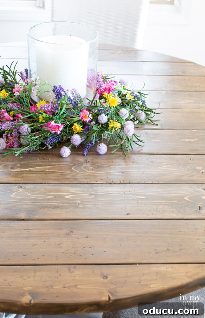 Crafting a Custom Round Wood Kitchen Tabletop 6 Completed DIY round wood table made using pine lumber.
