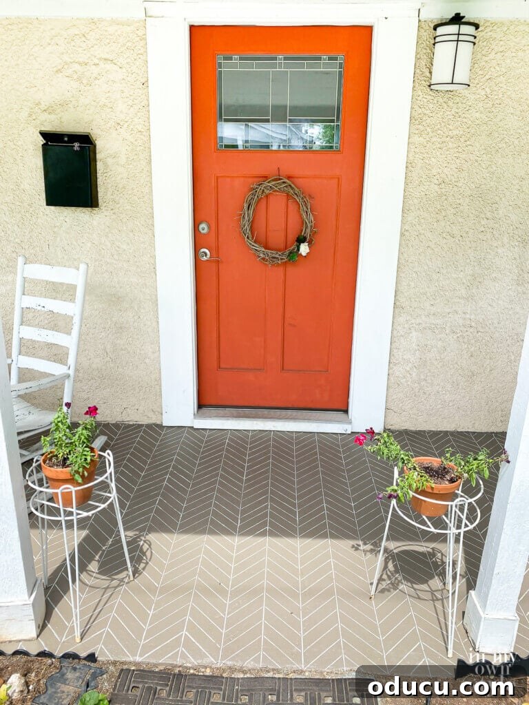 Transform Your Concrete Porch or Patio with Paint and Stencils 14 Outdoor concrete porch paint stencil on porch floor in herringbone pattern.