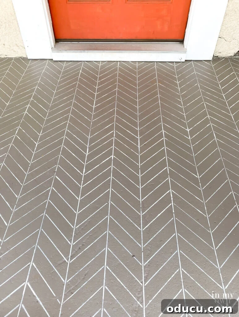 Transform Your Concrete Porch or Patio with Paint and Stencils 15 Best stencil to use to paint a concrete porch. Fine Herringbone pattern.