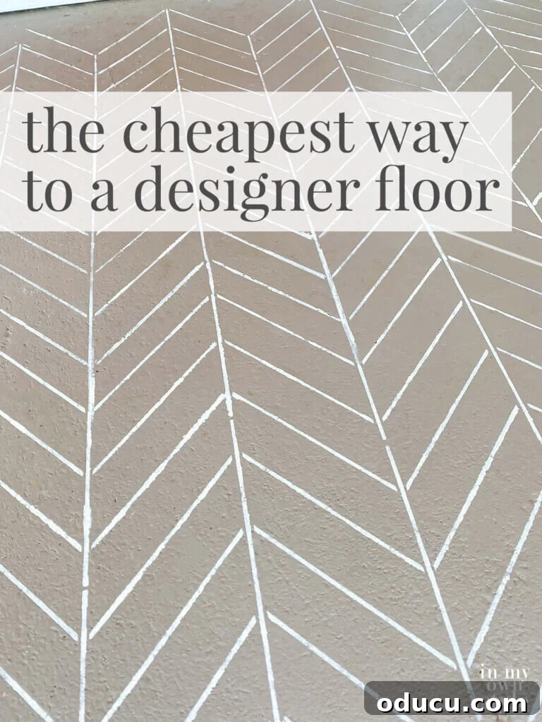 Transform Your Concrete Porch or Patio with Paint and Stencils 17 Concrete herringbone stenciled porch floor. Text over lay says the cheapest way to a designer porch floor.