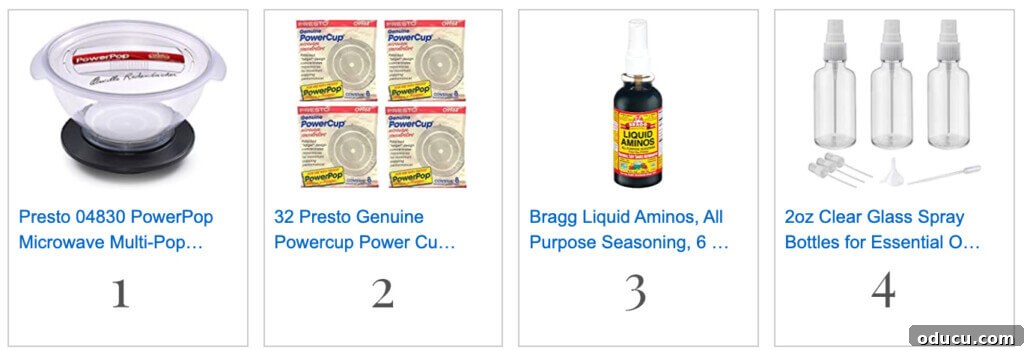 An array of essential supplies for making WFPB, no-oil popcorn, including a microwave popcorn popper, popcorn kernels, a spray bottle for liquid seasoning, and various spices.
