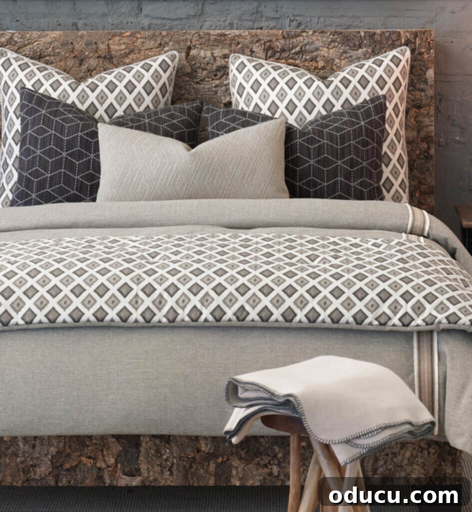 Personalize Your Sanctuary: Mix & Match Bedding 14 Brown and white bedding on bed with decorative pillows and shams that have a karate chop dent on the top.