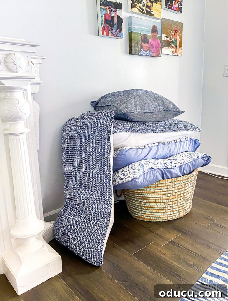 Personalize Your Sanctuary: Mix & Match Bedding 19 Where to put decorative pillows when sleeping. In a large floor basket.