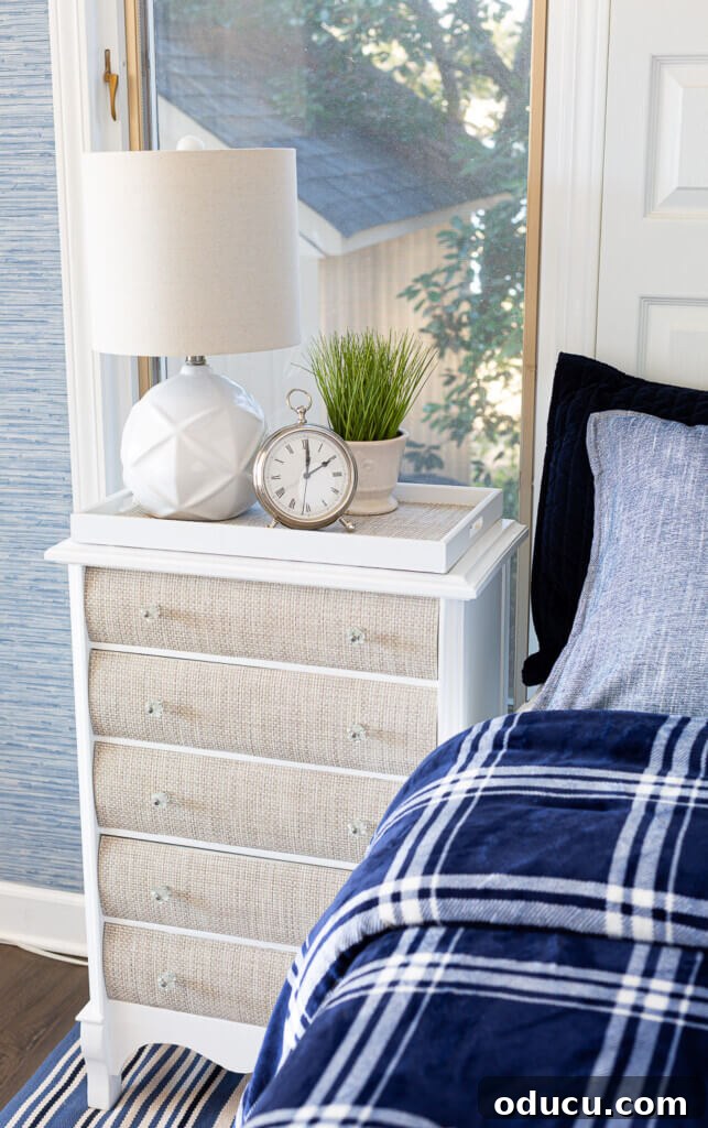 Personalize Your Sanctuary: Mix & Match Bedding 6 Winter blue and white bedding and woven fronted nightstand