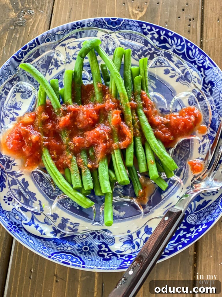 Plate of green string beans with plant based on oil tomato dressing drizzles over them.