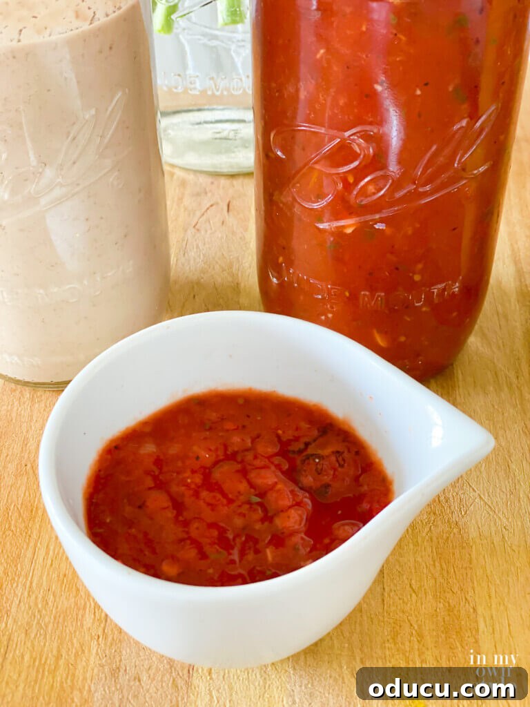 Close up shot of a small bowl filled with No Oil Tomato Sauce.