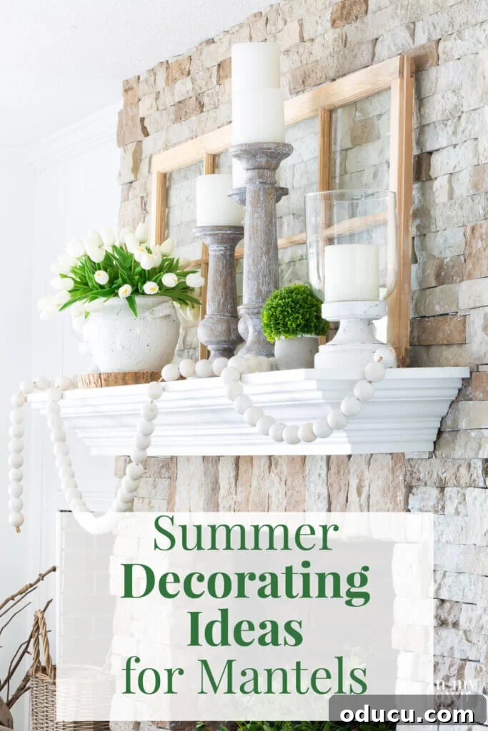 Beautiful green and white decorating color scheme adorning a fireplace mantel, perfectly styled for a refreshing summer aesthetic.