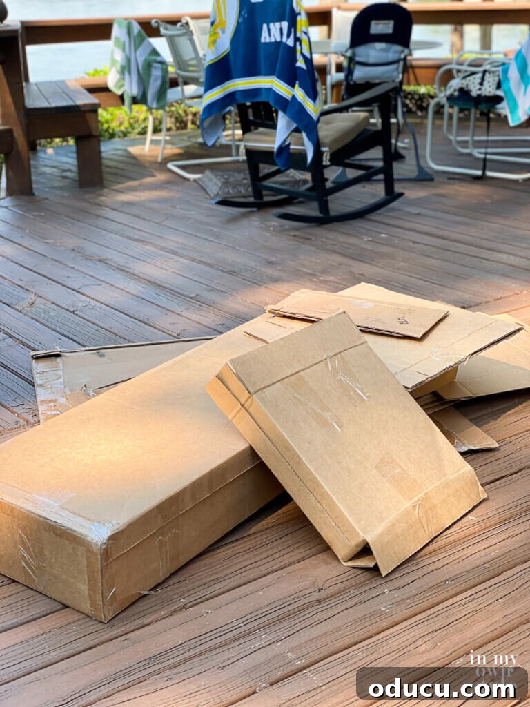 Transforming My Deck with POLYWOOD Outdoor Furniture 12 Empty shipping boxes arranged neatly after POLYWOOD furniture delivery, signaling ease of unpacking and assembly.