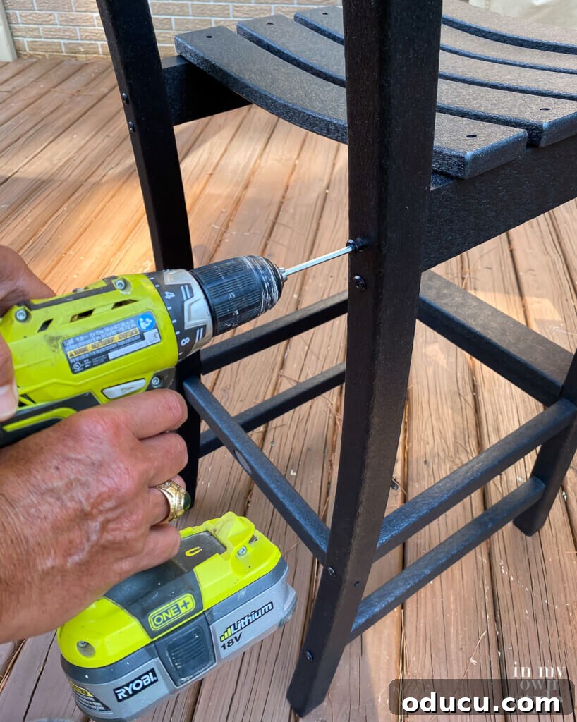Transforming My Deck with POLYWOOD Outdoor Furniture 15 Instructions illustrating the quick and simple assembly of POLYWOOD furniture using a power screwdriver for added efficiency.