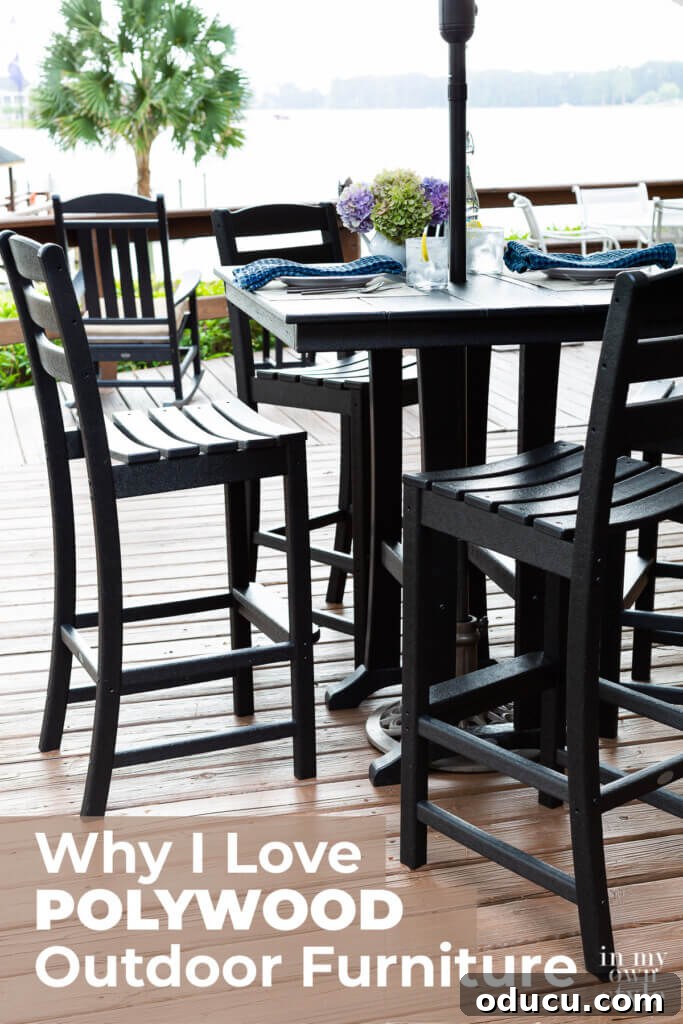 Transforming My Deck with POLYWOOD Outdoor Furniture 18 An inspiring image of the black POLYWOOD Bar Set on a deck, with the text overlay 'Why I Love POLYWOOD Furniture,' highlighting its quality, durability, and eco-friendly design.