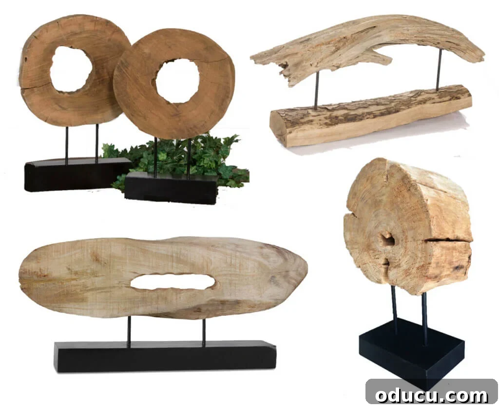 Craft a Natural Driftwood Art Display 2 Four examples of elegant driftwood or petrified wood sculptures on stands, showcasing modern natural decor.