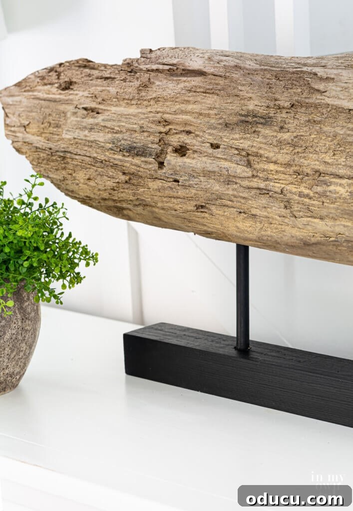 Craft a Natural Driftwood Art Display 16 The stunning natural wood sculpture on a black stand, perfectly positioned as a modern table top decor piece.