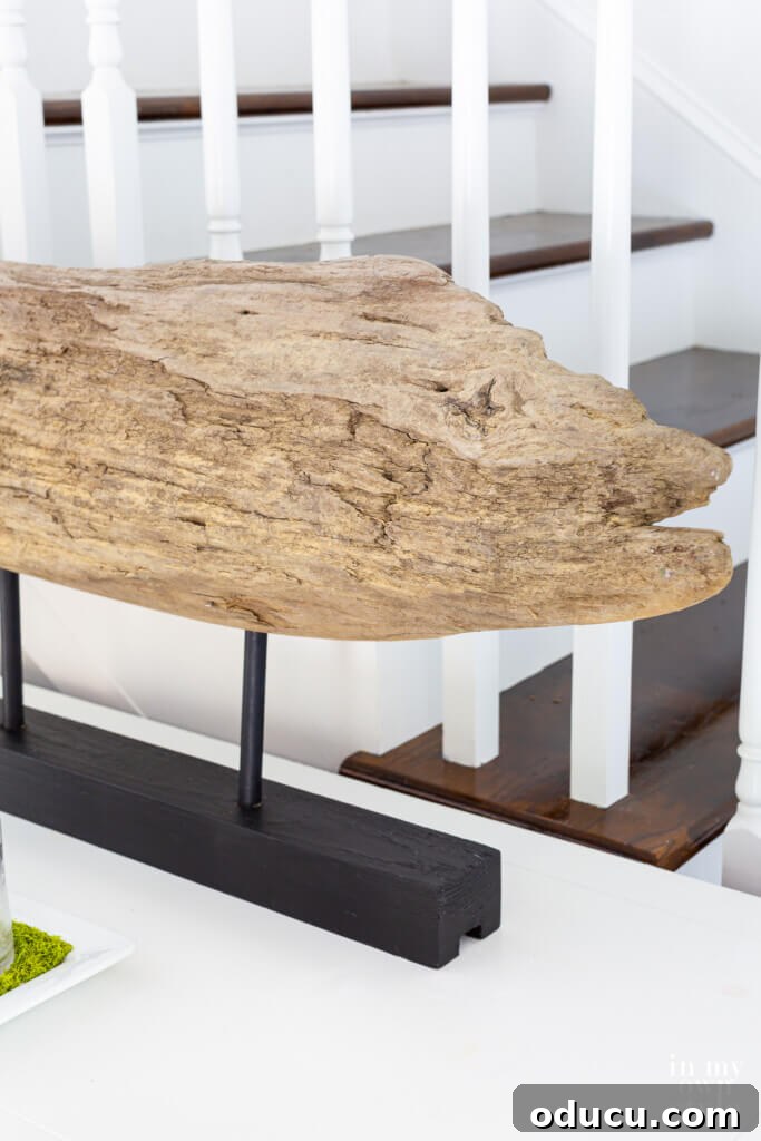 Craft a Natural Driftwood Art Display 19 Close-up of a modern DIY driftwood sculpture, showcasing its natural texture and elegant display on a stand.