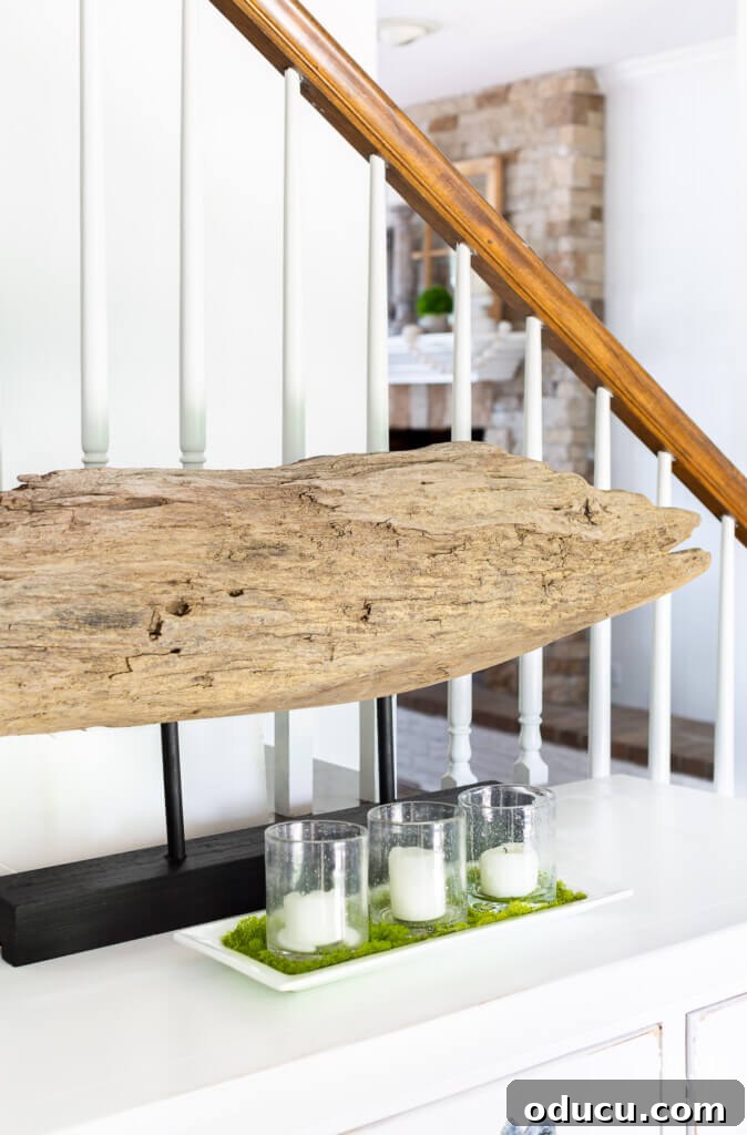 Craft a Natural Driftwood Art Display 5 Elegant DIY driftwood sculpture on a stand, designed as modern art, adding natural charm to a home interior.