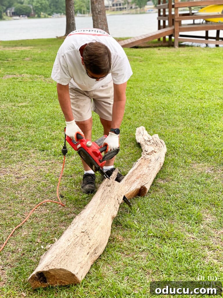 Craft a Natural Driftwood Art Display 8 Man cutting a large driftwood log with a chainsaw to size for a DIY home decor project.
