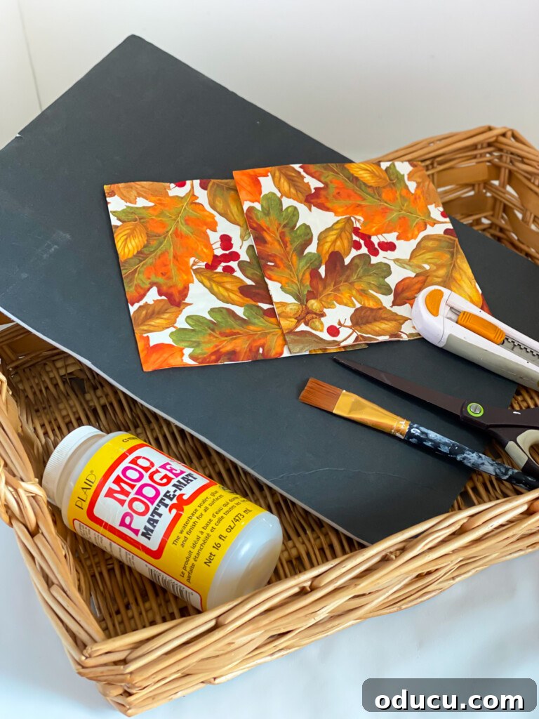 Crafting Versatile Serving Trays for Every Occasion 15 Supplies needed to make a wicker tray basket liner, including paper napkins, foam board, and iron-on vinyl.