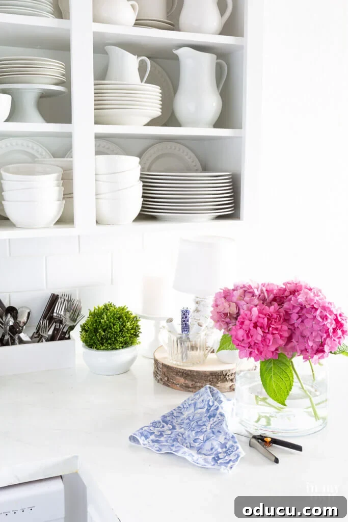 Kitchen Counter Harmony: Blending Function and Style 8 pretty decor on a counter in a white kitchen.