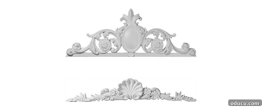 Two ornate decorative pediments, ideal for enhancing the top of doors, windows, or repurposed old wood window frames in interior design.