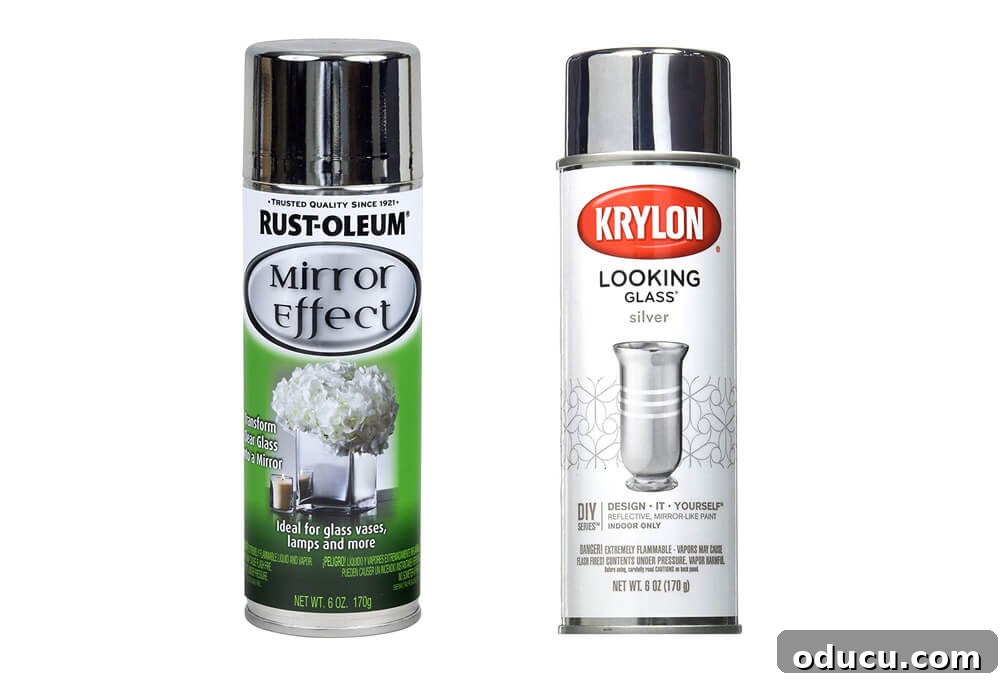 Two of the best mirror-effect spray paints, Rust-Oleum Specialty Mirror Effect and Krylon Looking Glass, for creating a reflective surface.