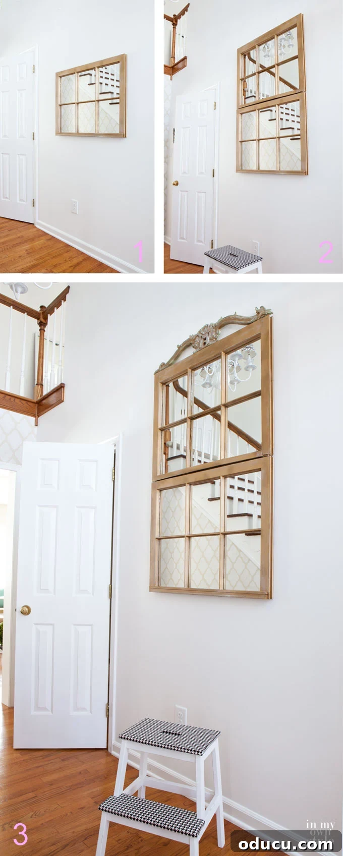 Inspiring repurposing ideas for old window frames: creating a striking tall mirror for an entryway or foyer to welcome guests.