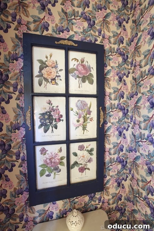 An old wood glass fronted kitchen cabinet, found in curbside trash, repurposed as elegant wall art in a home.