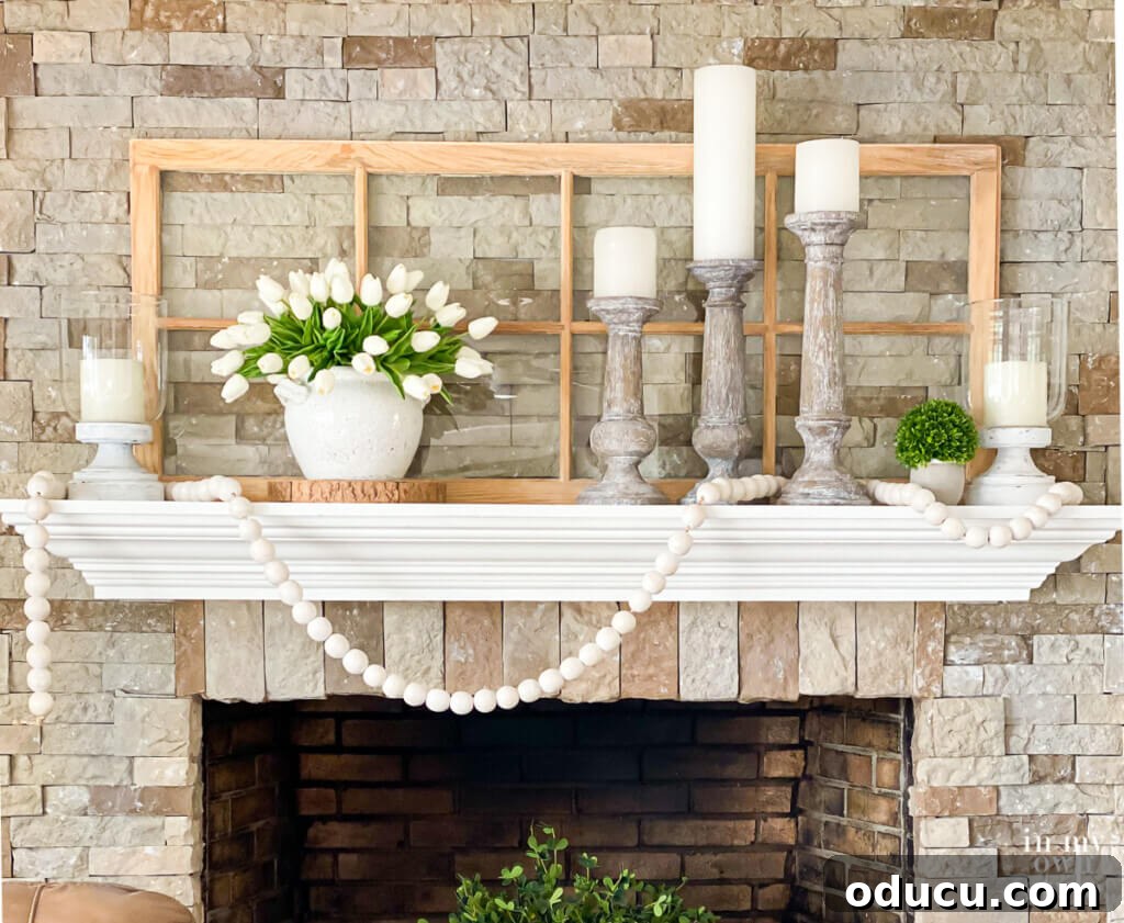 Creative decorating ideas for old window frames: used as a stunning backdrop for fireplace mantel decor.